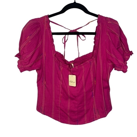 NWT Free People Seratonin Corset Smocked Puff Sleeve Top Raspberry Pink Medium - Picture 3 of 10